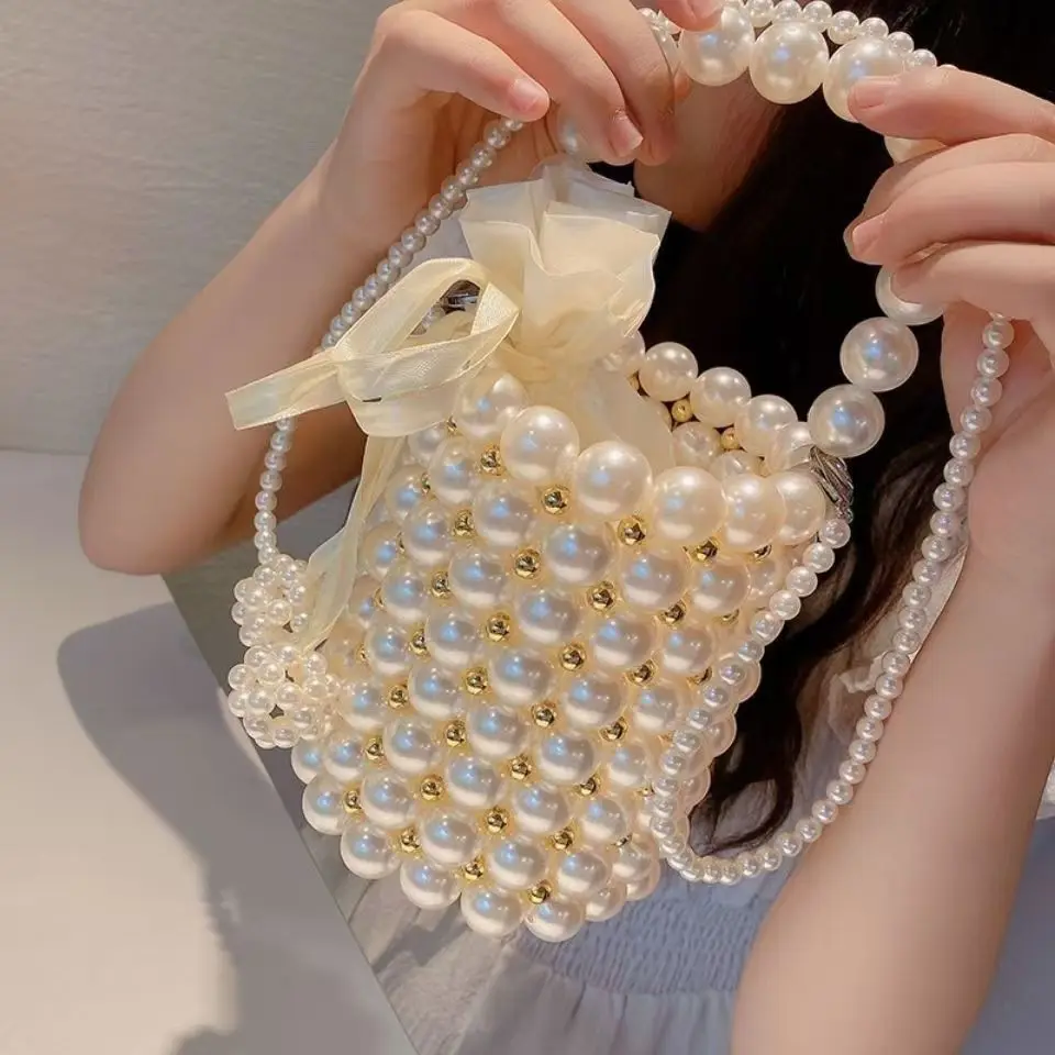 

Fashion Female Handmade Pearl Crossbody Shoulder Tote Bag Trendy Pearl Bucket Stone Purse Woman's Wedding Evening Handbag Purse