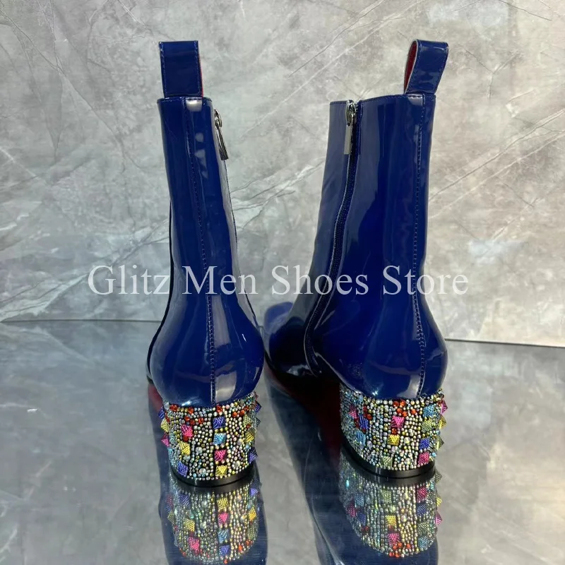 Stivaletti da uomo in pelle verniciata blu con strass colorati con cerniera a punta quadrata piccola moda scarpe fatte a mano in stile britannico