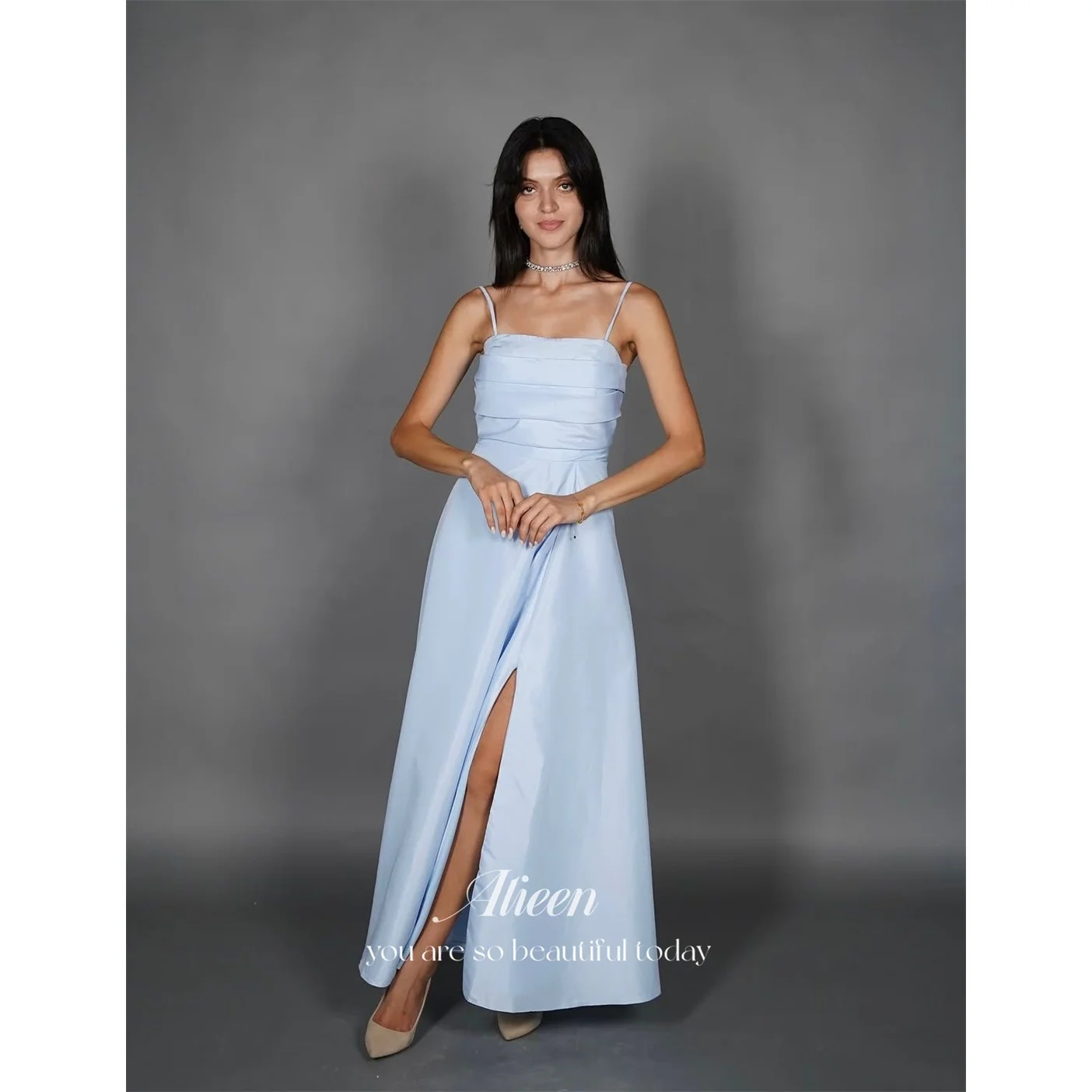 

Aileen Satin Square Collar Sky Blue A-Line Evening Dress 2026 Prom Dress Formal Evening Customized Elegant Women's Ladies