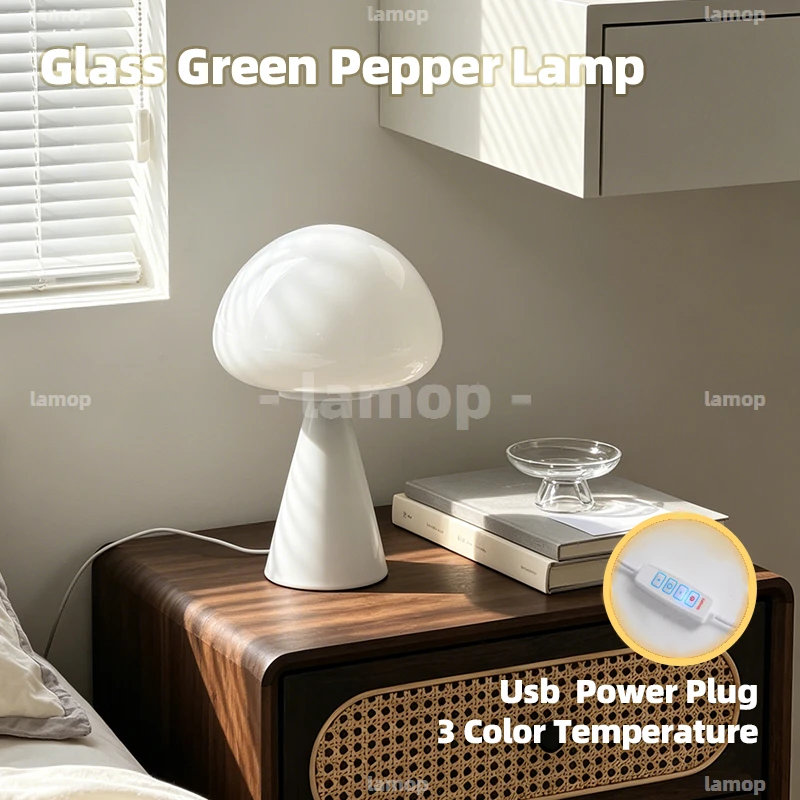 Glass Soft‑Halo Arch‑Mushroom Tapered Base Table Lamp Cottage Casual 3 Tone Gentle Radiance Nightstand Shelf Decor