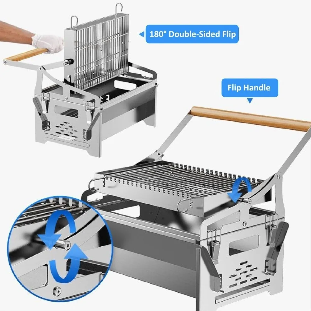Folding 360° Rotating Steel Grill Wood Handle Ventilation Holes Portable Flip Charcoal Grill Rust‑Proof Heat‑Resistant