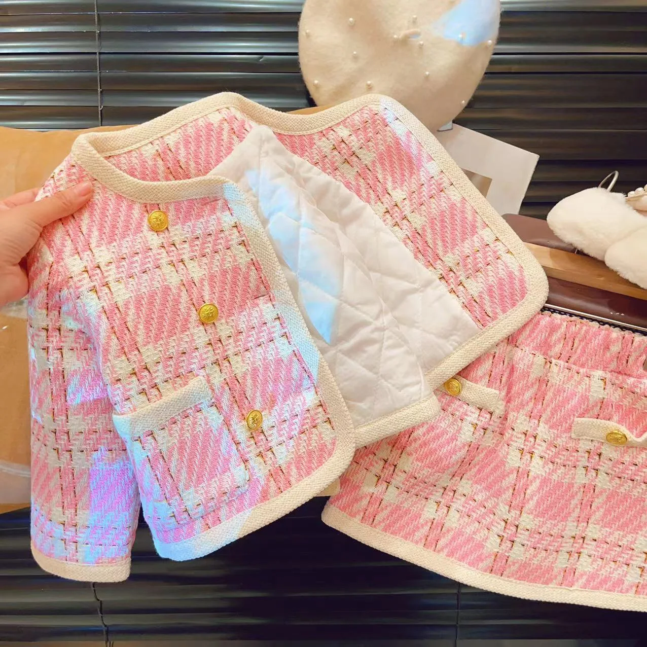 Winter Girls 2Pcs Plaid Cotton Padded Warm Sets Kids New Tweed Autumn Cardigan+Skirt Fleece T-Shirt Birthday Girls Outfit Suits