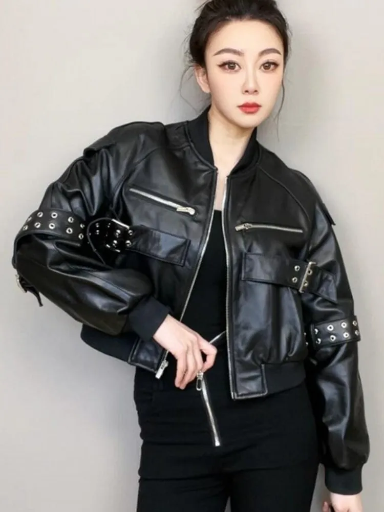 Fashion Women Autumn Sheepskin Genuine Leather Bomber Jacket Buckle Strap Motorcycle Biker Coat Zip Stand Collar Short Jacket