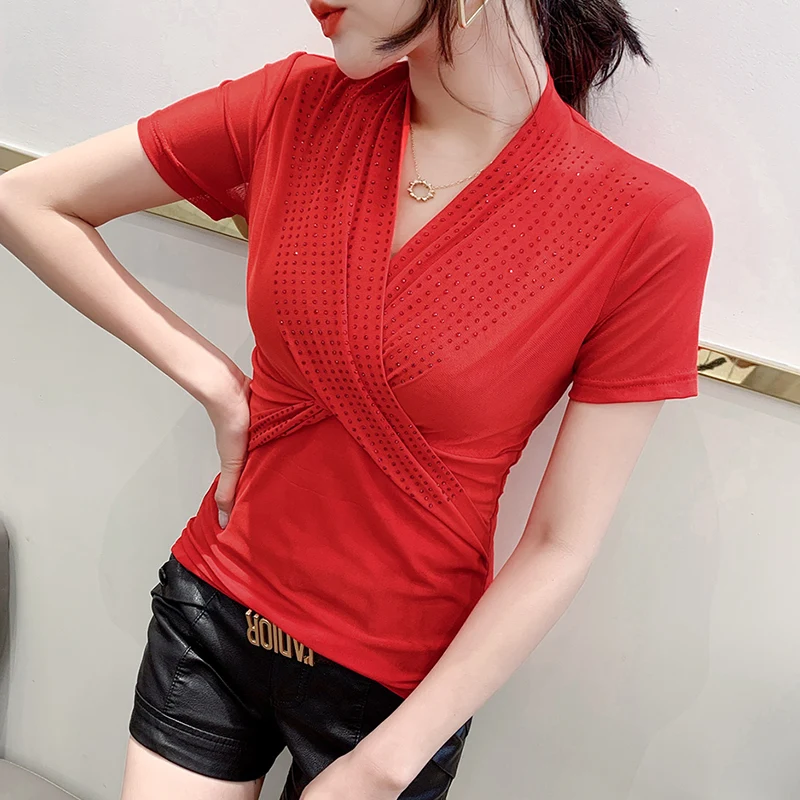 #5232 weiß rot schwarz rot sexy Mesh T-Shirt Frauen V-Ausschnitt lässig Wickel T-Shirt weibliche kurze Ärmel schlanke Frauen T-Shirt Diamanten