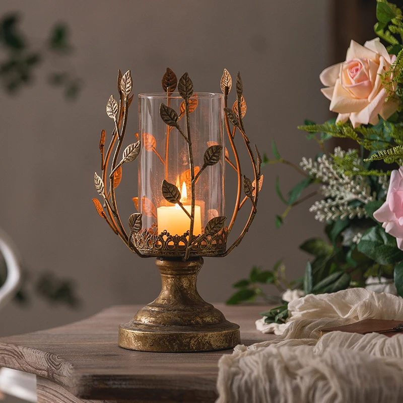 Vintage Glass Hurricane Lantern, Candle Holer, Metal Leaves