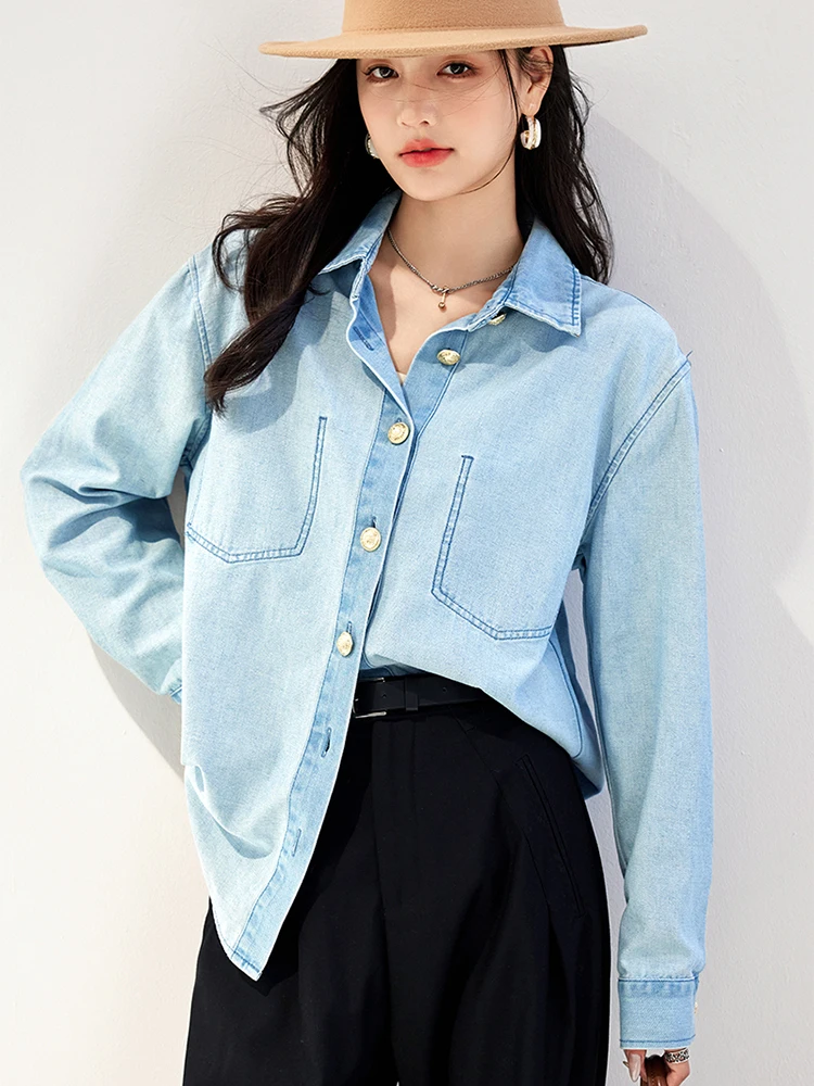 Autumn 2024 New Denim Shirts For Women Korean Style Long Sleeve Top Loose Retro Elegant Jean Blouses