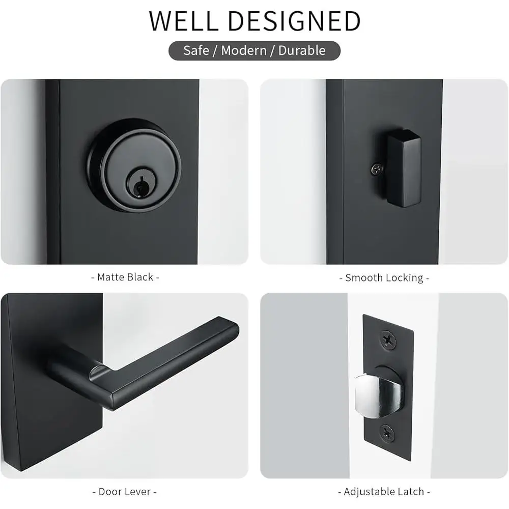 Matte Black Front Door Handle Set with Deadbolt Entry Lock Adjustable Latch Easy Installation 3 Keys Left Right Hand