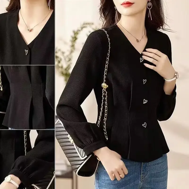 2023 New Women's Clothing Solid Color V-Neck Long Sleeve Office Lady Commuter Spring Autumn Casual Elegant Button Shirt