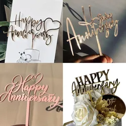 New Gold Happy Anniversary Acrylic Cake Toppers Rose Gold Valentine's Day Cake Topper for Valentine's Day Party Decorations 2022