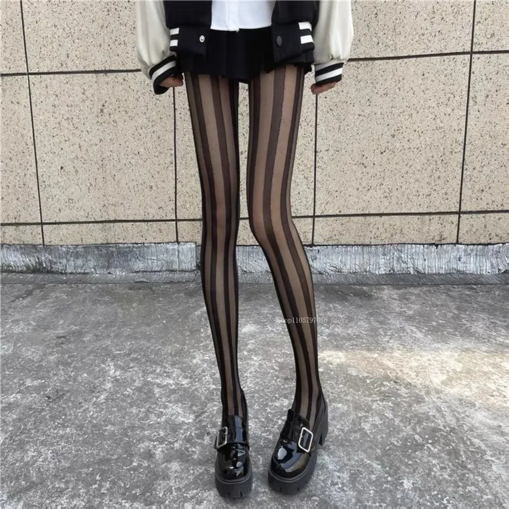 Black Vertical Striped Stockings Watermelon Strips Thin Sexy Black Tights Silk Ultra-thin Anti-hook Bottom Gothic Women's Socks