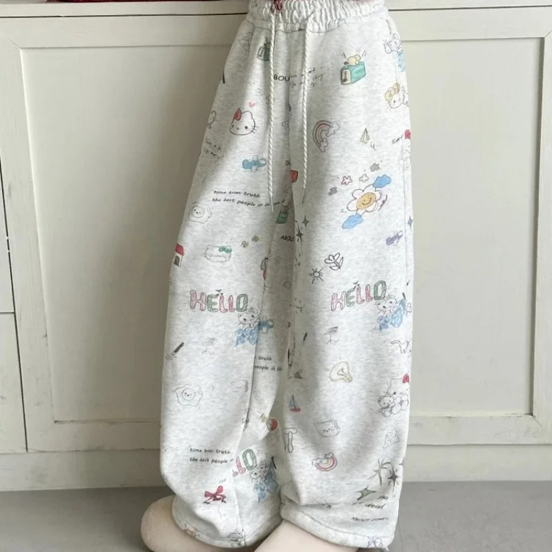 

Hello Kitty Printed Women's Sleeping Pants, Loose and Comfortable Cartoon Casual Pants, Drawstring Outdoor Y2K Wide Leg Pants