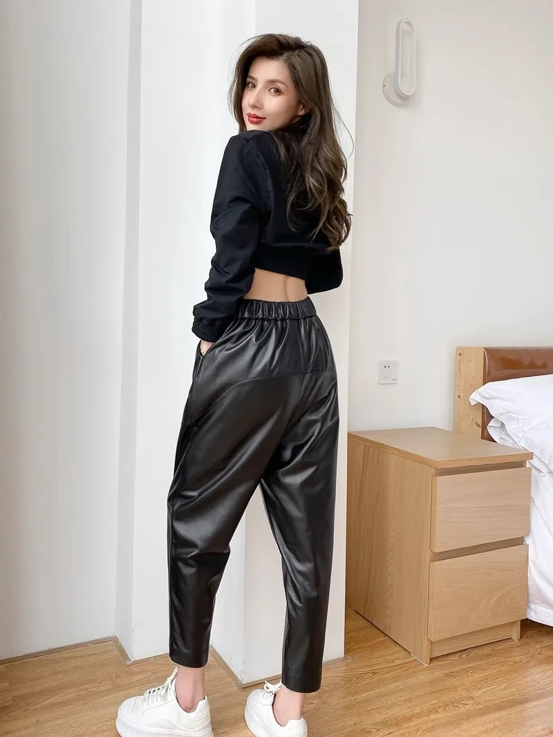 Women Genuine Leather Trousers 2024 Female Niche High Quality Folded Craft Buttons Loose Cropped Pants Streetwear Ropa de Mujer