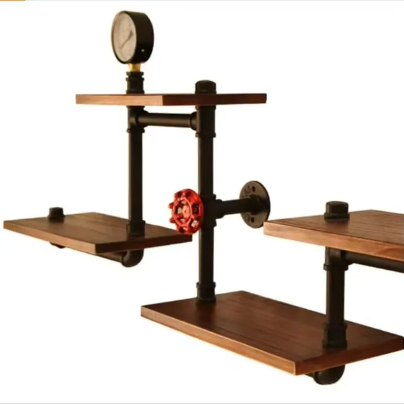 Rustic wooden metal floating shelves with wine racks for decorative wall bookshelves, suitable for kitchen or office organizers