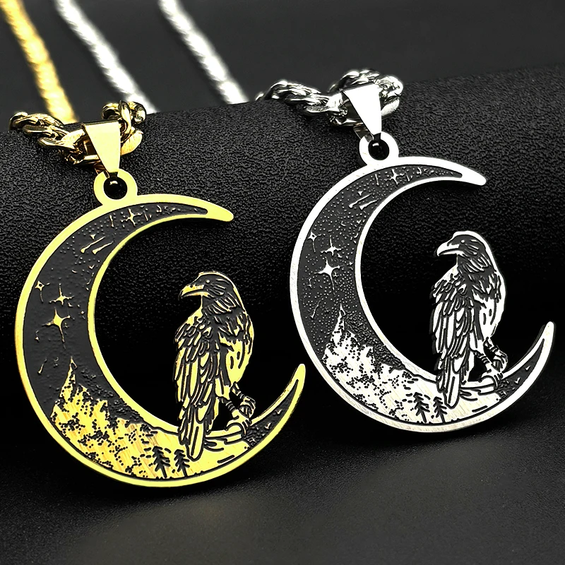 Dark Style Enamel Raven Crescent Moon Pendant Necklace for Women Men Stainless Steel Gold Color Animal Crow Cuban Chain Jewelry