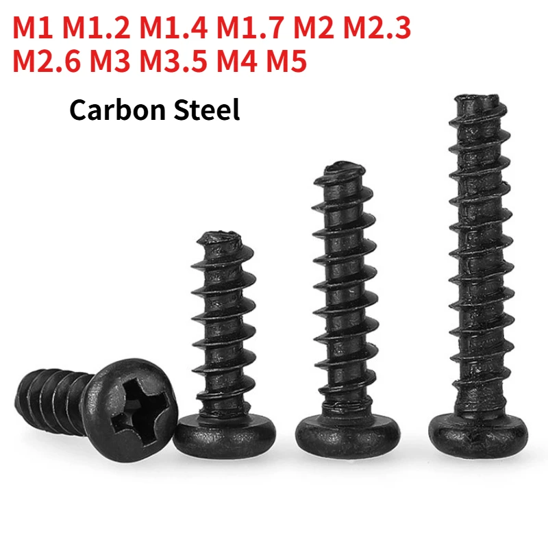 M1 M1.2 M1.4 M1.7 M2 M2.3 M2.6 M3 M3.5 M4 M5 Black Pan-Head Phillips Flat-Tail Self-Tapping Screws, for Plastic and Wood