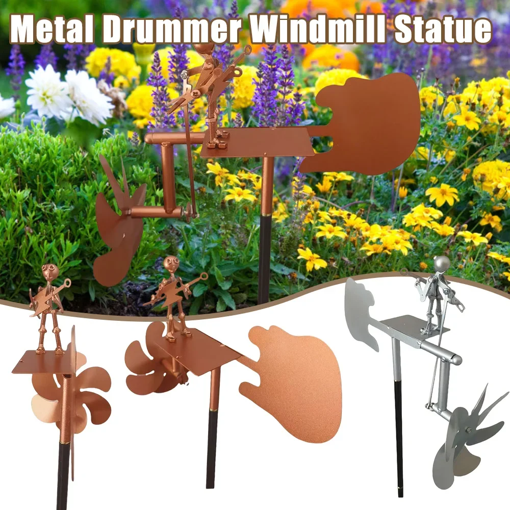 Metal Drummer Windmill Statue Garden Decorations Handmade Wind Spinner Rock Percussionist Music Art Statue for Yard Lawn Decor