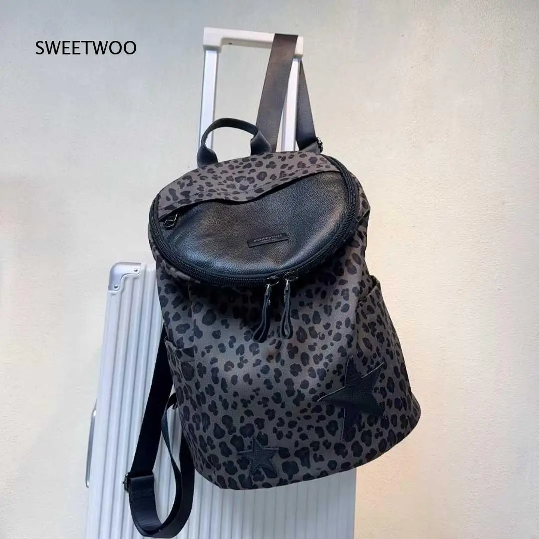 Gray Leopard Print Nylon Backpack Star Patch Flap Design Luggage Strap Casual Streetwear Daypack For Women
