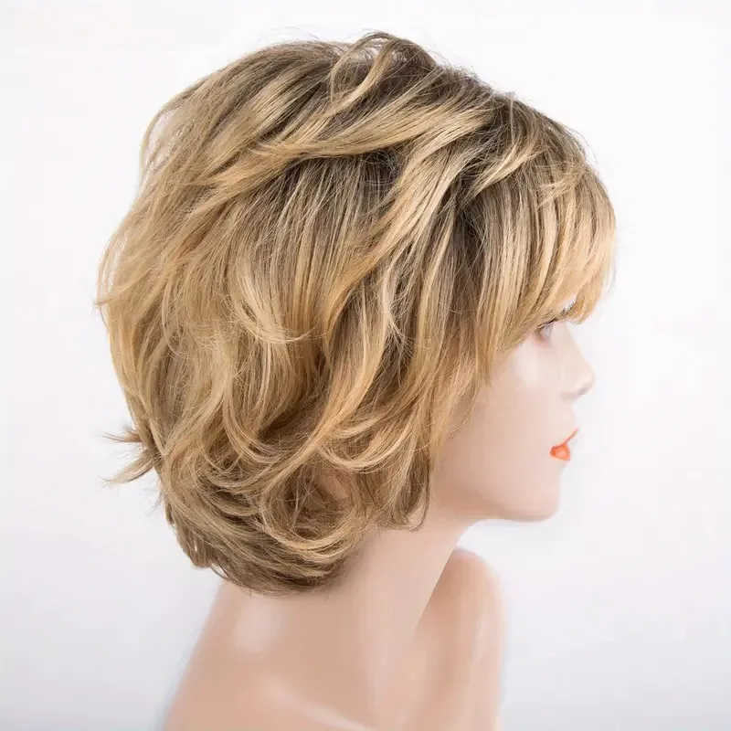 Woman Gold Short Synthetic Hair Loose Wave Dark Roots Heat Resistant Water Wave Blonde Costume Party Wig Mommy Daily Use