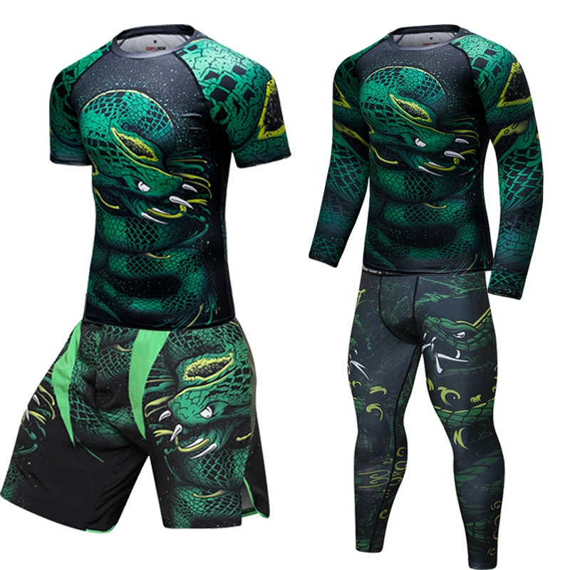 MMA BJJ Rashguard Rattlesnake Boxing Sport Suit Men Gym Clothing KickBoxing Muay Thai Shorts Compression Shirt Pants Running Set