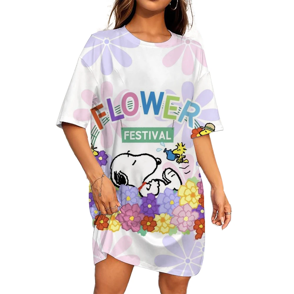 ชุดเดรสเสื้อยืด Dress Model Baru พิมพ์ลายสนูปี้วินเทจทรงหลวมทรงหลวมเสื้อผ้าผู้หญิงแขนสั้นผู้หญิงลำลอง