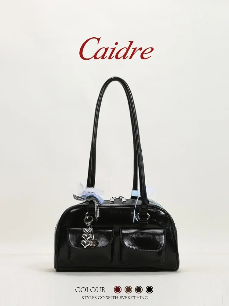 Caidreins Bowling Underarm Bag Commuter Single Shoulder Bag Soft PU Leather Korean Style Small Size Fashion Handbag