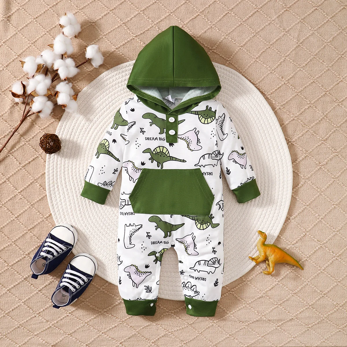 Newborn Boy baby Jumpsuit Dinosaur Print Pocket Hooded Jumpsuit 0-18 Months Baby Crawling Suit Toddlers Autumn Clothing