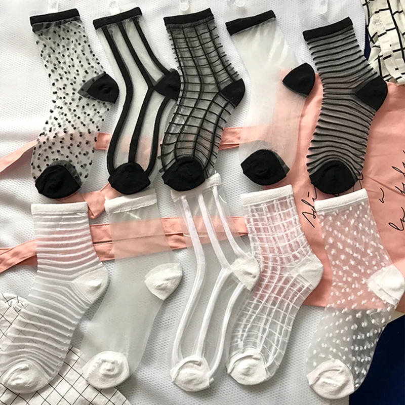 Women Ladies Socks Fashion Sheer Mesh Glass Silk Socks Ultrathin Transparent Crystal Lace Fabulous Elastic Summer Ankle 5 Pairs