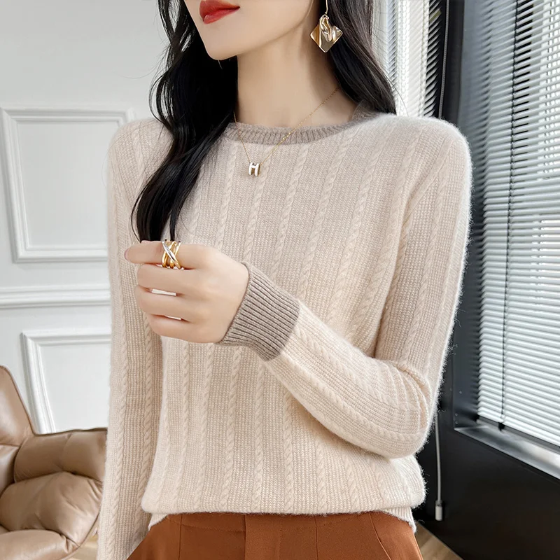 Vertical strip Fall/Winter new 100% Merino wool cashmere pullover Women's O-neck pullover warm bottom knit shirt top