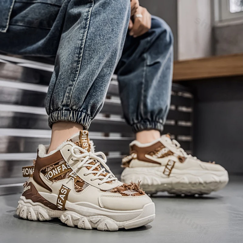 

Высокие мужские хлопковые туфли, зимняя плюшевая повседневная обувь на толстой платформе, уличные нескользящие износостойкие кроссовки, увеличивающие рост