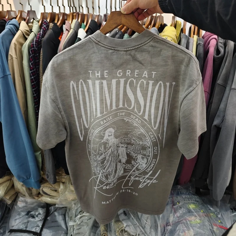 Heavyweight Cotton Vintage Distressed T-Shirt Men Emblem Graphic Print Oversized Casual Streetwear Top