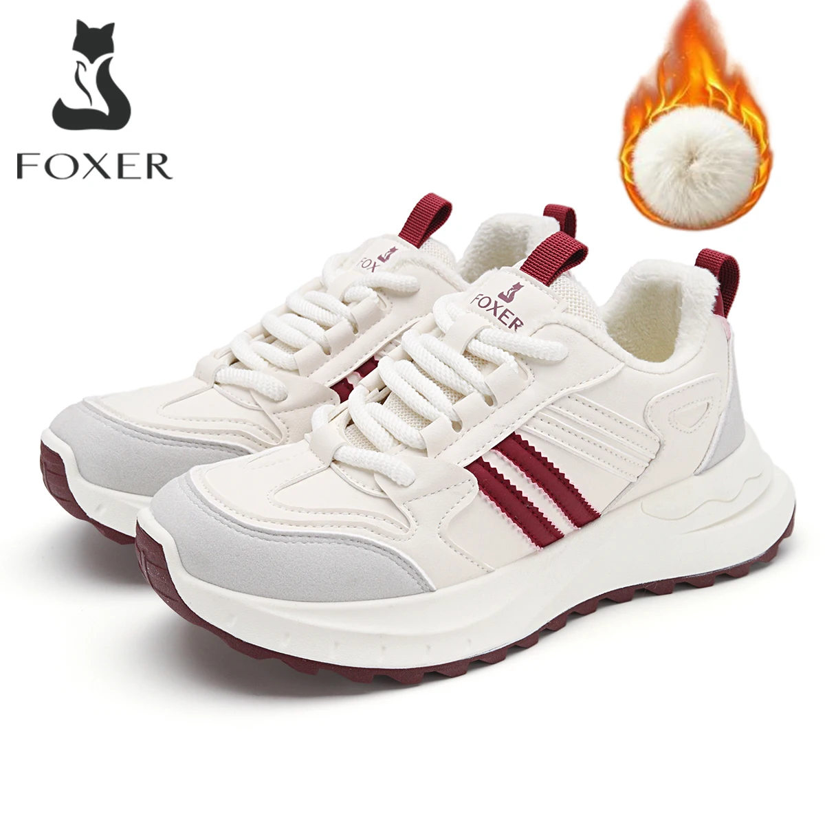 FOXER Winter New Women Sneakers Plush Line Thick Platform Lace‑up Casual Shoes Ladies Non‑Slip Outdoor Walking Athletic Footwear