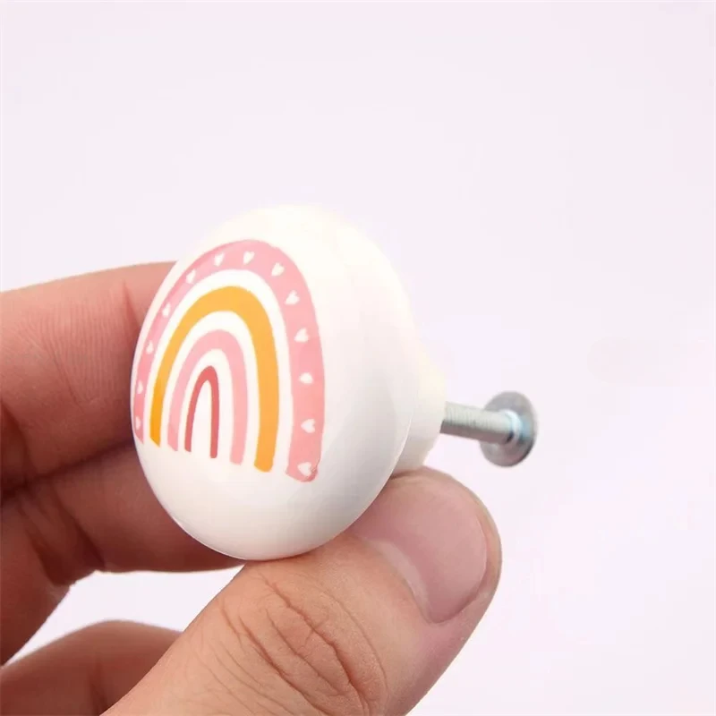 38mm Large Round Ceramic Furniture Handle Drawer Knob Cartoon Rainbow Printing Handles Wardrobe Cabinet Door Pulls Diy