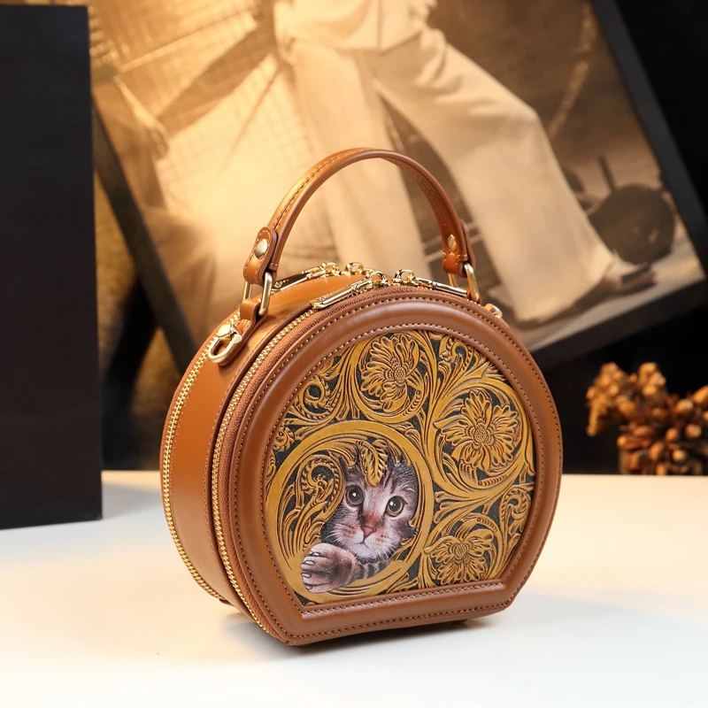 Luxury Fashion Genuine Leather Women\'s Handbags Carving Ladies Small Shoulder Crossbody Bag Portable Round Bags 2024 New