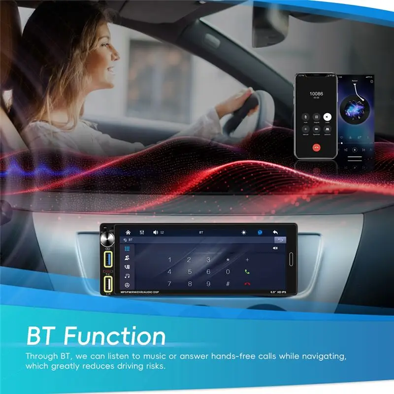 Single Din Car Stereo With Carplay Android Auto, 6.9 Inch IPS Touch Screen Car Radio Bluetooth FM AM USB SWC-A67F