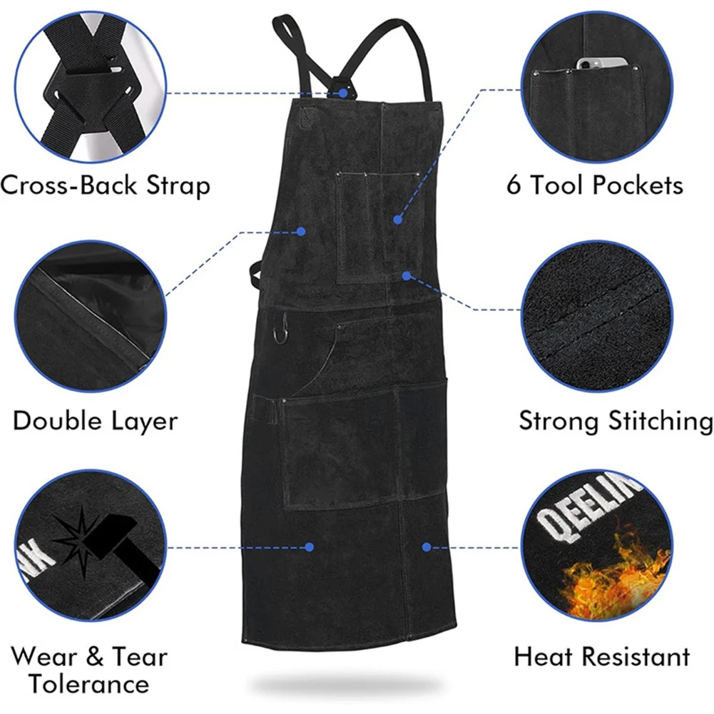 Flame Retardant Work Suit Protection Leather Welding Apron Woodworking Tools Holder Full Split Cowhide Material