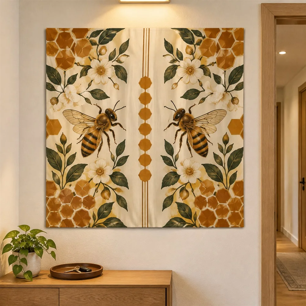 VIKAMA Honeycomb Bee Tapestry Wall Hanging, Honeycomb Pattern Wall Art, Nature Decor for Kitchen Living Room Bedroom Dining Room