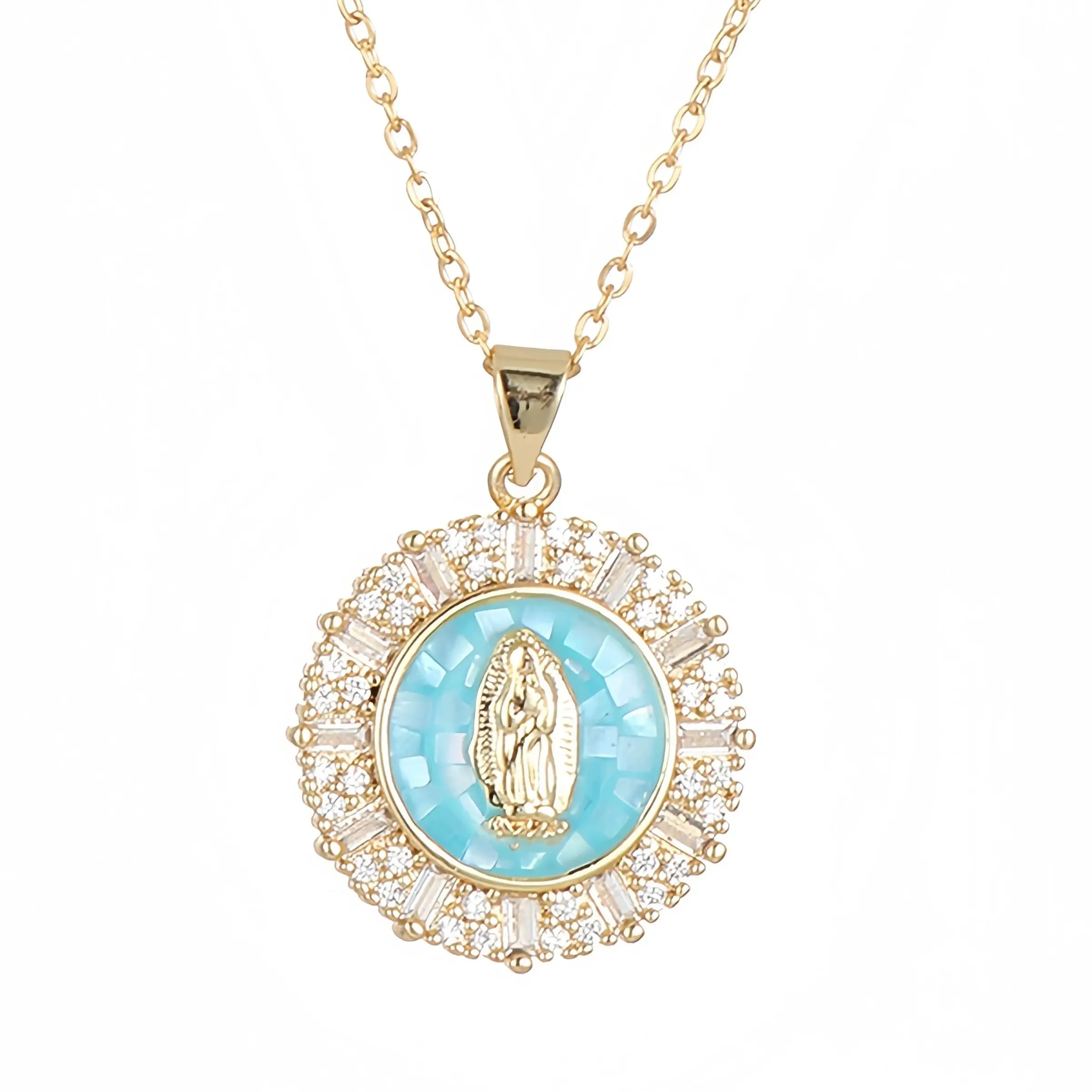 Gold Plated Shells Our Lady of Guadalupe Medal Charms for DIY Jewelry Making Zirconia Edges Round Pendant Catholic Jewelry Gifts