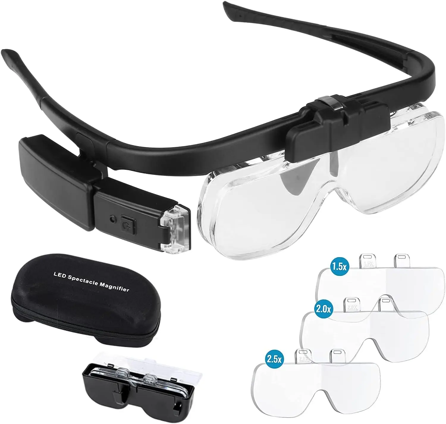 LED Head Mount Professional Magnifing Glasses with Lights 3 Detachable Lenses Rechargeable Hands Free Reading Headband Magnifier
