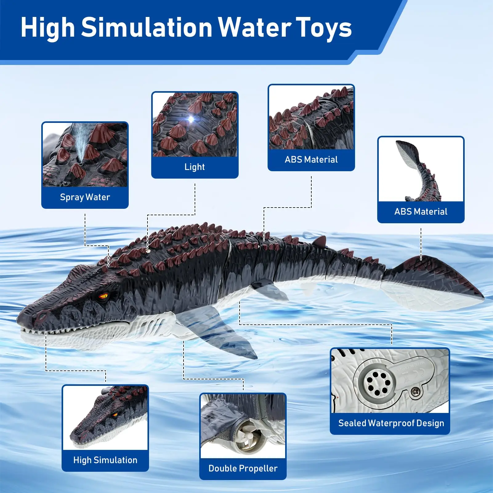 2.4GHz RC Mosasaurus Dinosaur Toy Remote Control Swimming Boat with Spray Water LED Light Bath Toy for Pool Lake Kids Boys Girls