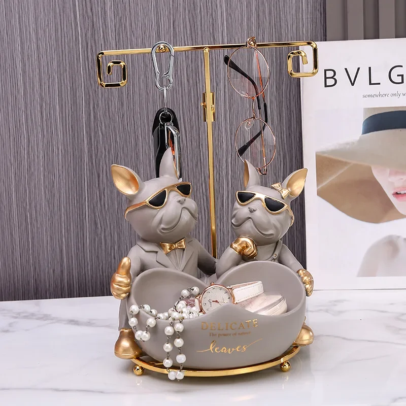 Lovers Bulldog Statue with Bowl Storage Box for Keys Jewelry French Bulldog Figurine Resin Home Décor Table Decoration Sulpture