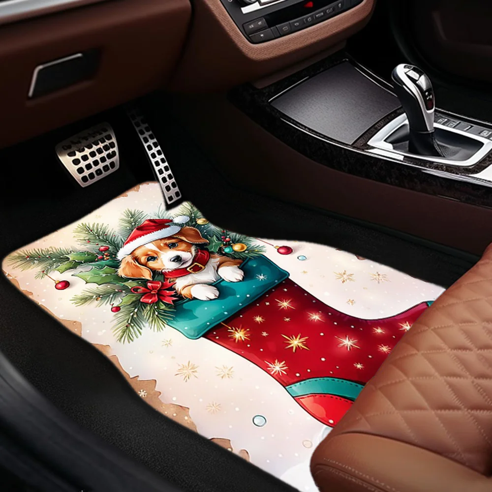 1pc/2pcs/4pcs Festive Christmas Puppy Polyester Car Floor Mats, Anti-Slip All-Season Vehicle Mats For Front & Rear Seats, Interi