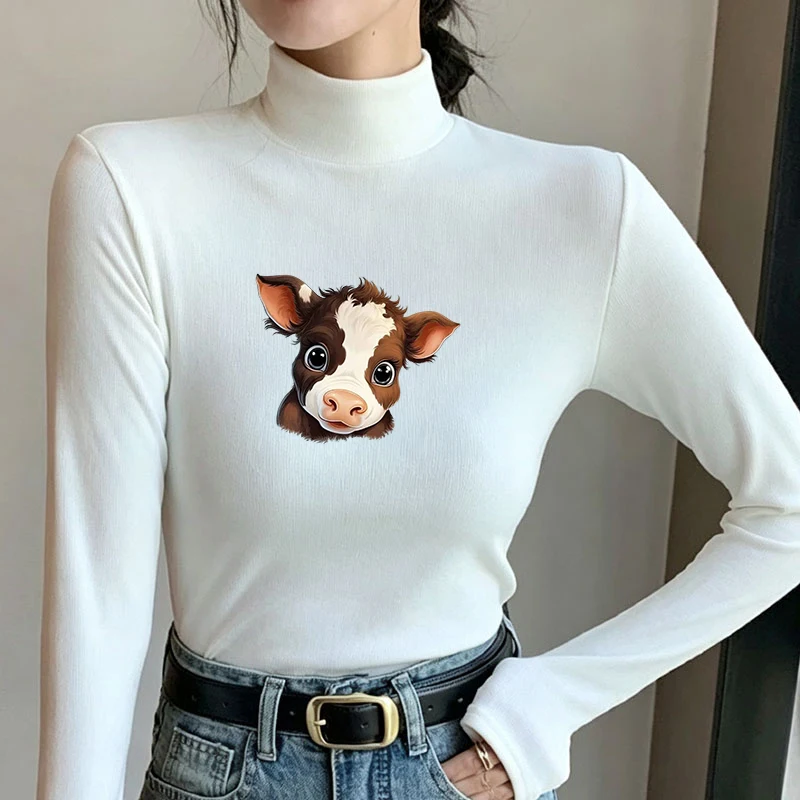 2026 New Autumn Winter Thermal Brushed Fleece Long Sleeve Graphic Print T shirt Blouses Female Warm Shirt Women Top