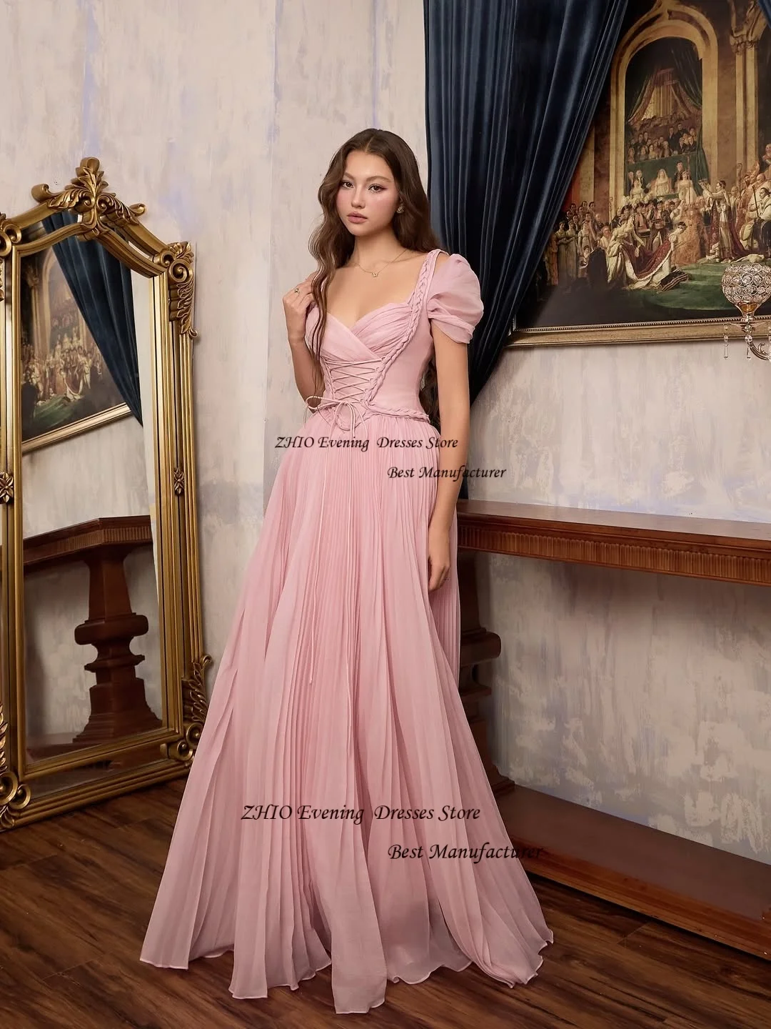 ZHIO Rosa Schönes Tüll Abendkleid Geraffte Spaghettiträger Langes Partykleid Plissee Trägerloses Kurzarm Abendkleid Maßgeschneidert