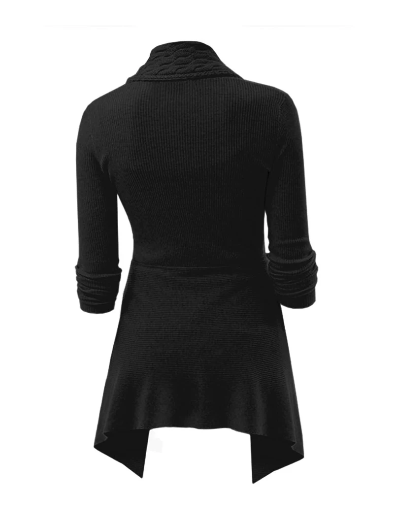 Women\'s Black Cardigan Swerter Tops Cable Knit Asymmetrical Cardigan Plain Color Buckle Long Sleeve Cardigan