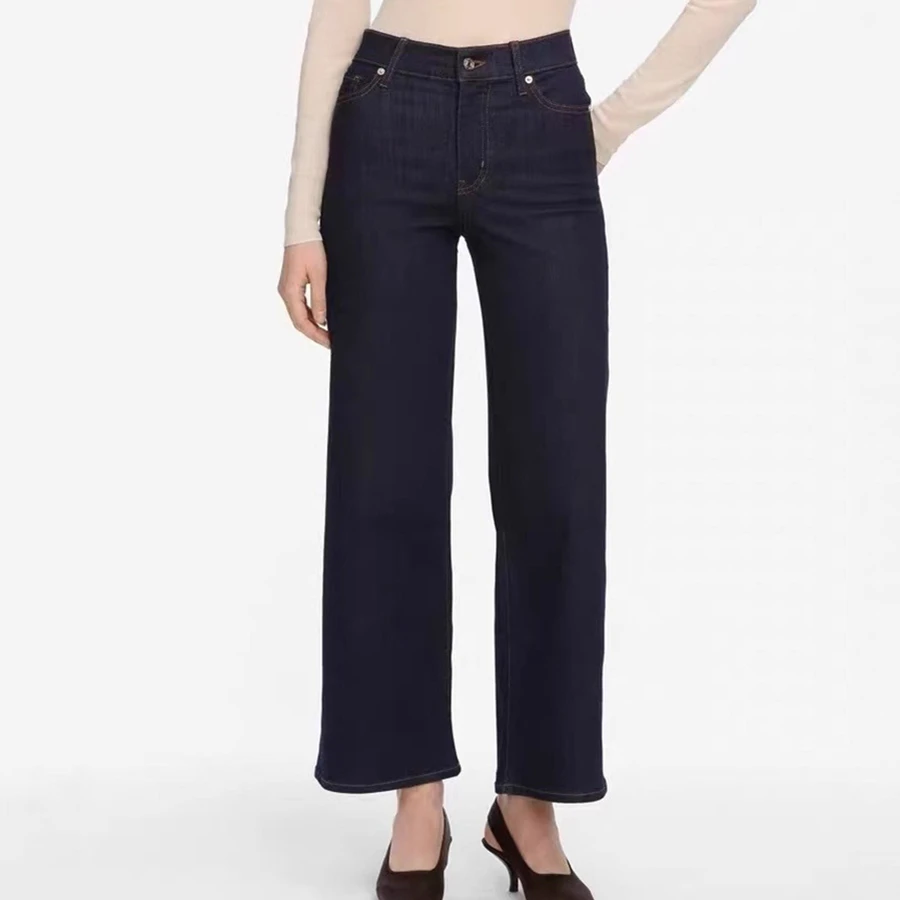 

Maxdutti Minimalist High Waisted Straight Leg Denim Jeans Women's Jeans Woman Clothes Women's Denim Pants Navy Cropped Jeans