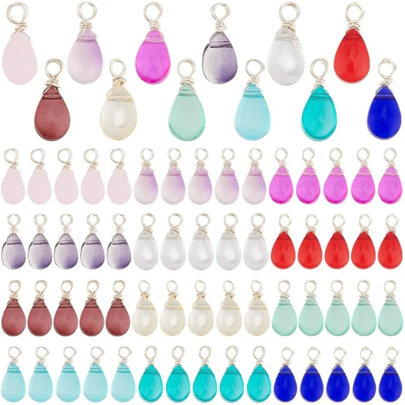

72Pcs 12 Color Crystal Dangle Charms Transparent Glass Charms Pendants Teardop Charms Silver Wire Wrapped Dangle Bead Charms