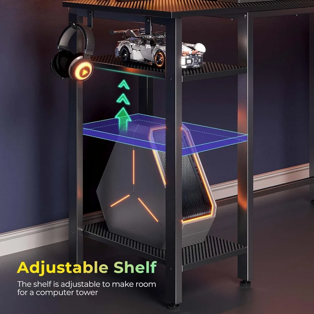 L-Shaped Gaming Desk with LED Lighting and Power Outlets, 46.2-inch Computer Desk featuring Full Monitor Stand and Storage Shelf
