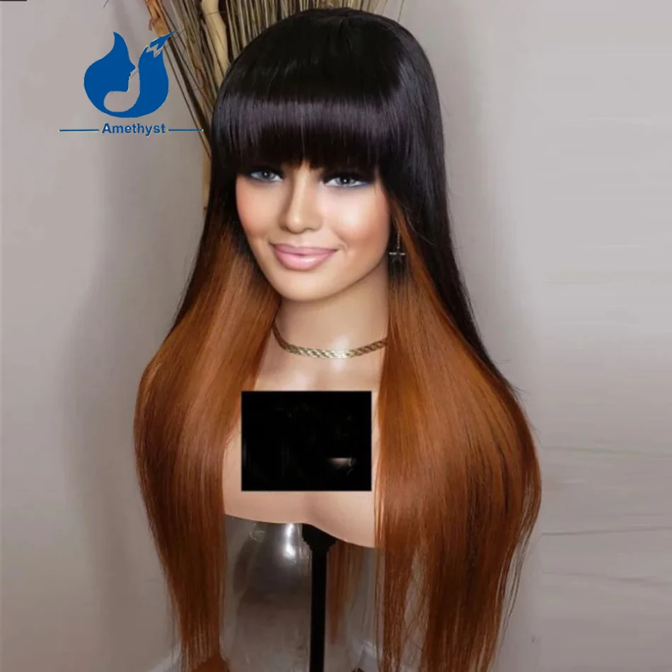 Straight Highlight Brown Human Hair Wig with Bangs Full Machine Made Wig for Women Scalp Top Brazilian Burgundy Highlight Hair