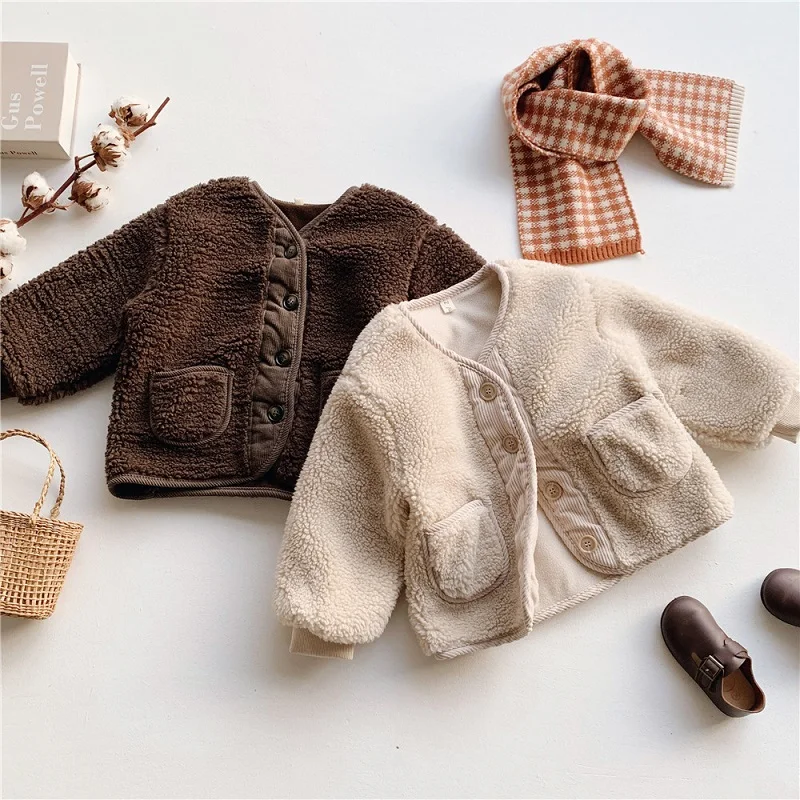 Autumn and winter children\'s outerwear sweater, thickened lamb wool outerwear, casual and cute warm girl cotton jacket