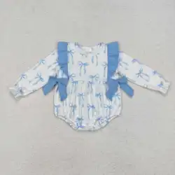 new rts infant girls romper wholesale boutique blue bow long sleeve fall girls romper